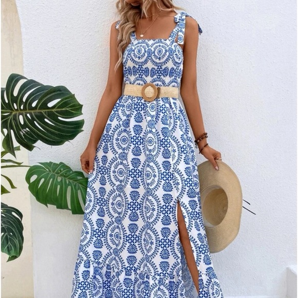 New Allover Print shirred Knot Shoulder Cami Dress - Picture 2 of 7